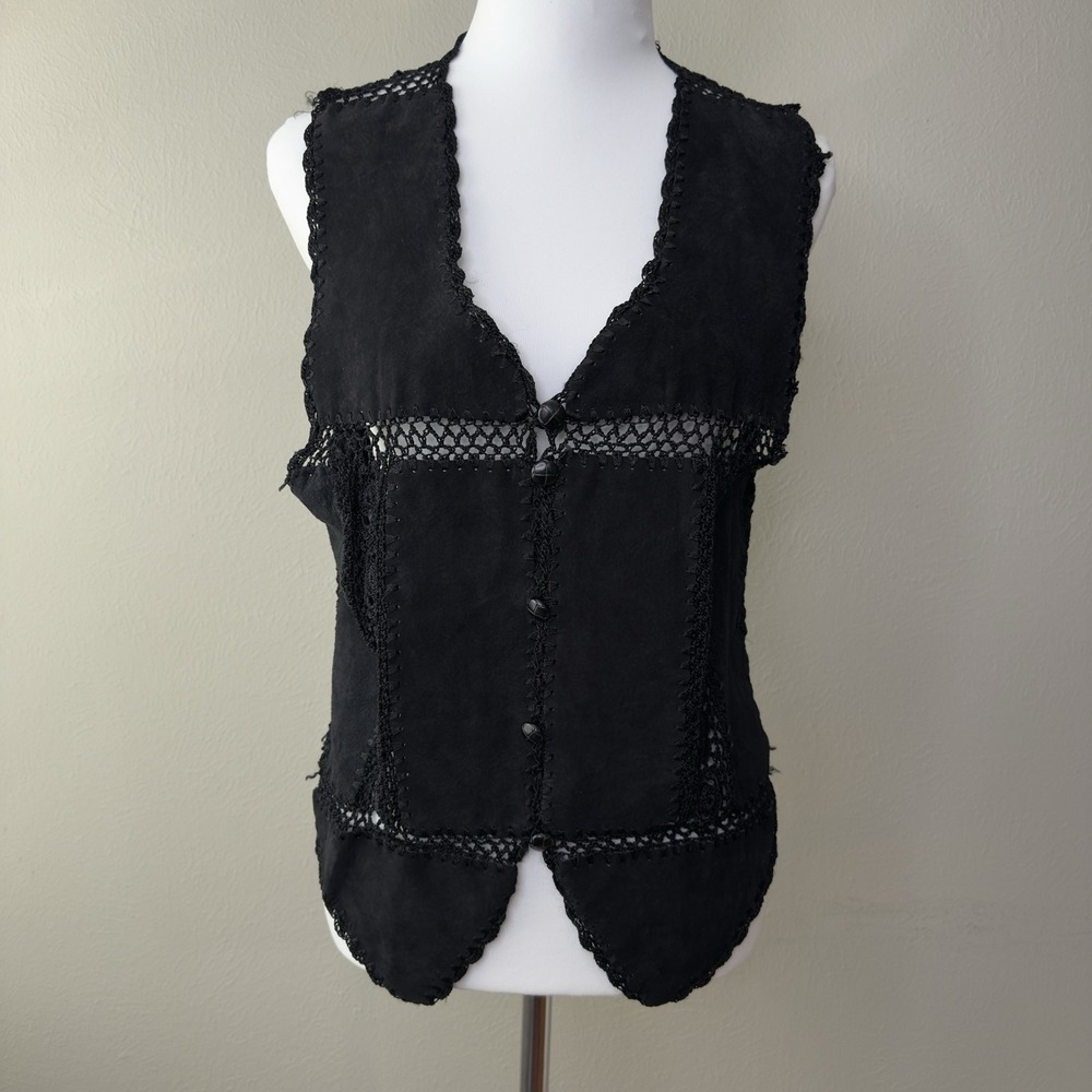 Vtg 90s Women S/M Vest Western Goth Patchwork Leather Suede Crochet Ren Festival